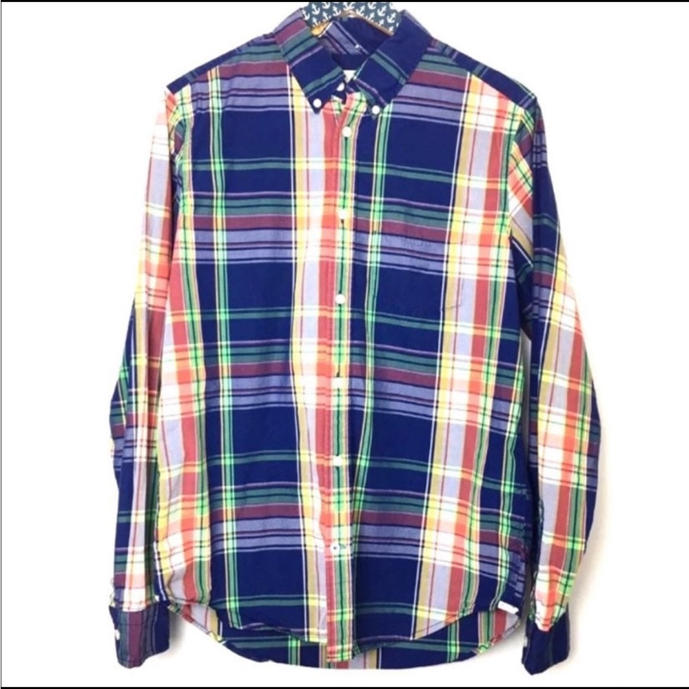 Gap Men’s Size Medium Lived In Plaid Long Sleeve Button Down Blue Orange